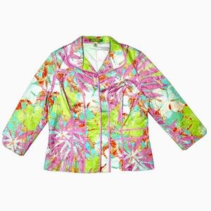 Sigrid Olsen Womens Jacket Size 6 Bright Green Floral with Pink Piping Blazer